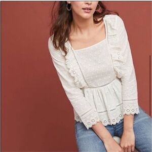 MEADOW RUE ANTHROPOLOGIE Top Women's Size 6 White Eyelet Peplum Ruffle Trim